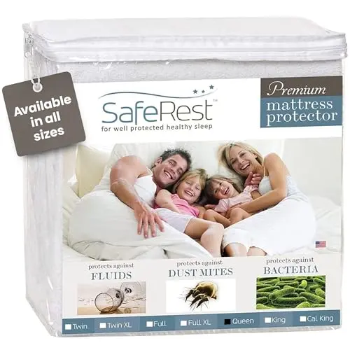 SafeRest cotton mattress protector on queen bed
