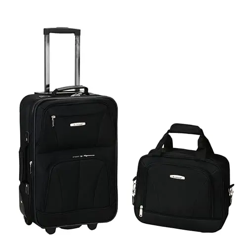 Rockland softside luggage set with inline skate wheels in a train compartment