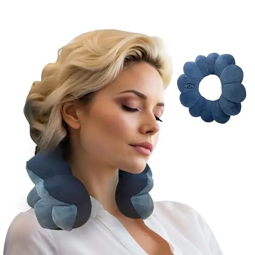 Total Pillow donut-shaped travel pillow in blue with microbead filling