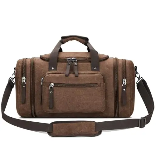 Travel duffel bag in coffee color with expansion zippers and multiple pockets