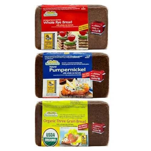 Mestemacher Natural High Fiber Bread variety pack with three flavors