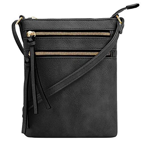 DELUXITY black crossbody purse with multiple zipper pockets and adjustable strap
