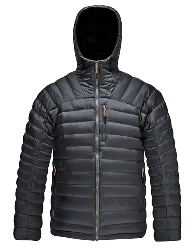 HARD LAND down jacket showing five-pocket layout and packable features