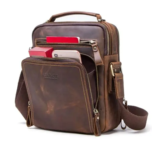Hiram crazy horse leather messenger bag with multiple compartments