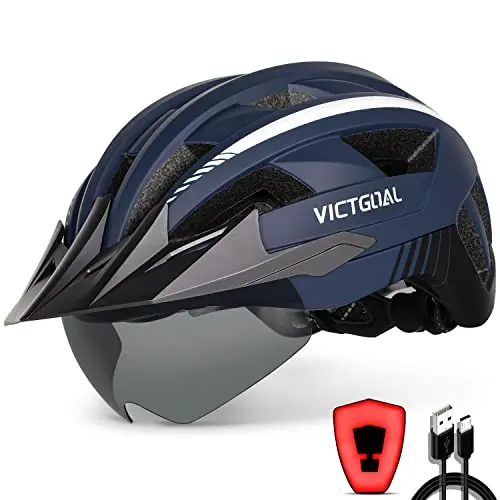 VICTGOAL bike helmet with USB rechargeable rear light and magnetic goggles in navy blue