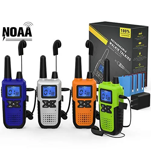 Topsung long-range walkie talkies in blue, green, orange, and silver