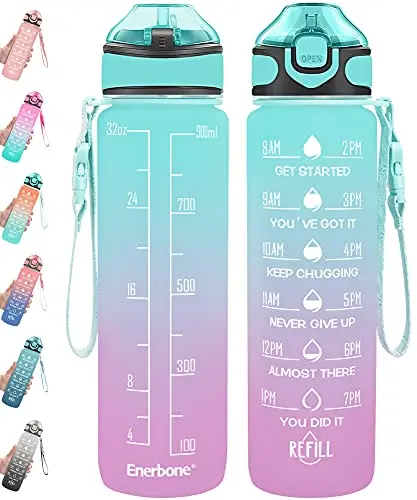 Enerbone motivational water bottle with time marker in green purple
