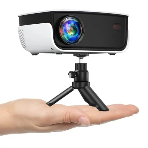NICPOW mini projector on a tripod outdoors