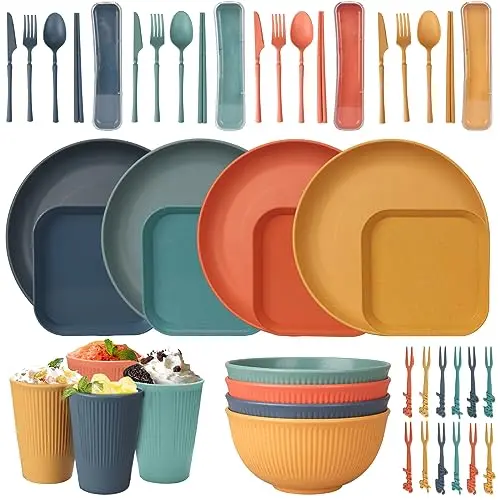 CSYY 48-piece colorful unbreakable dinnerware set with plates, bowls, cups, and utensils