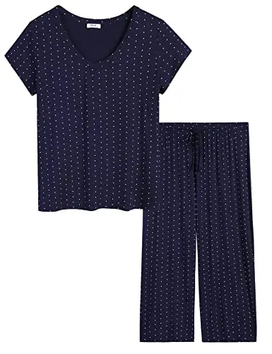 Joyaria bamboo viscose pajama set with navy polka dot pattern