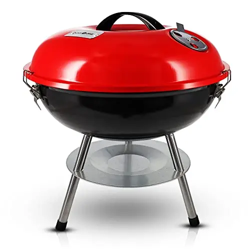 Gas One red portable charcoal grill with locking lid and ash catcher