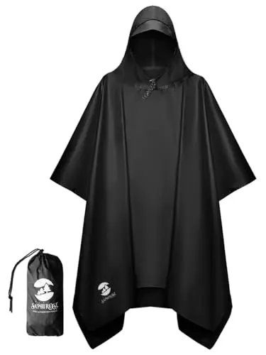 SaphiRose hooded rain poncho showing compact storage pouch and below-knee coverage