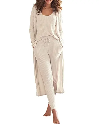 Eurivicy women's 3-piece waffle knit lounge set in beige