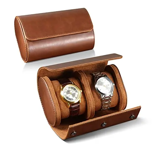 ROSELLE brown leather watch roll with two slots