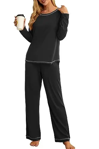 PrinStory long sleeve pajama set with pockets in black