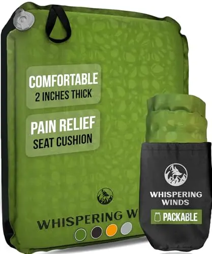 Whispering Winds inflatable seat cushion in military green color showing compact size