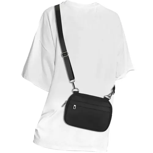 MAXTOP black sling bag worn crossbody with multiple zippered compartments