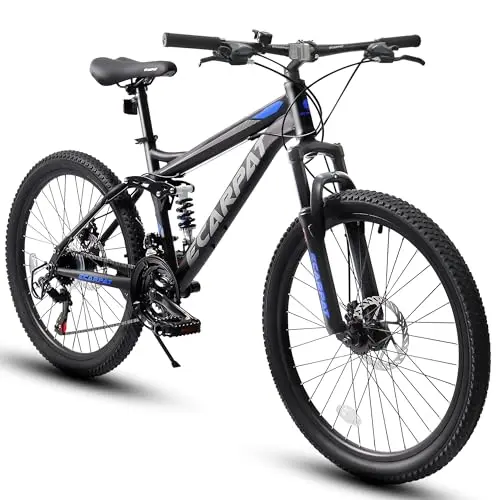 Ecarpat full suspension mountain bike in black and blue color scheme