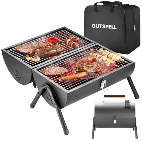 Outspell black portable charcoal grill with double-sided cooking grates