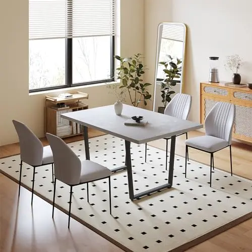 HIPIHOM modern dining table set with white leather chairs
