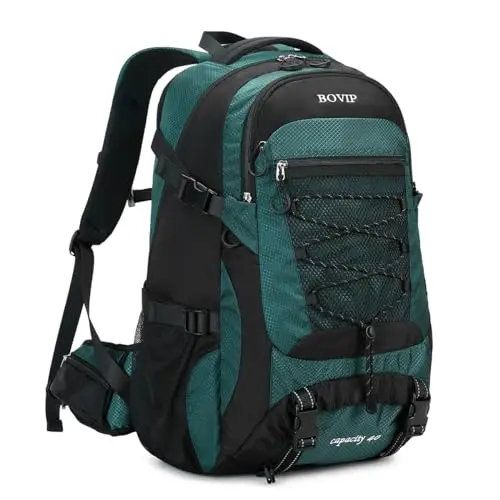 BOVIP 40L hiking backpack showing multiple compartments and mesh padding