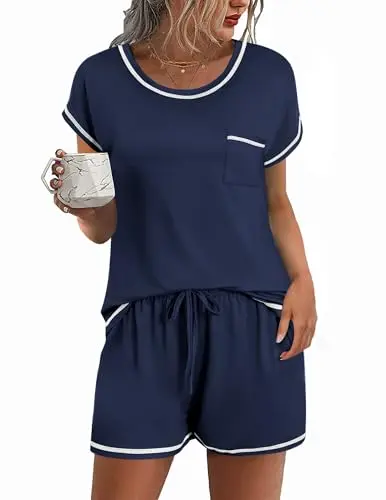 Ekouaer women's short sleeve pajama set with shorts in navy blue