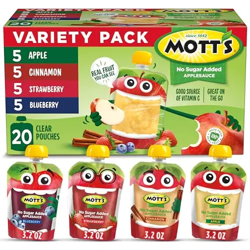 Mott's No Sugar Added Applesauce pouches in apple, strawberry, cinnamon, and blueberry flavors