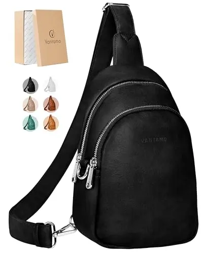 VANTAMO black PU leather crossbody sling bag with adjustable strap