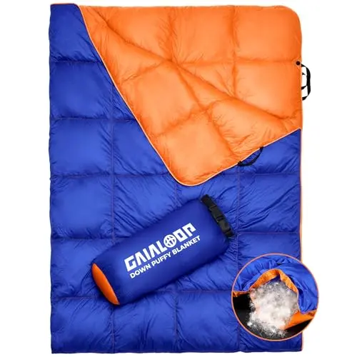 Gaialoop down puffy blanket in light gray showing compact size and wearable features