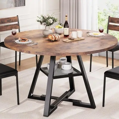 Jocoevol round dining table with storage shelf and cross base