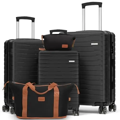 Cosbarn 5-piece luggage set with spinner wheels in a train luggage area