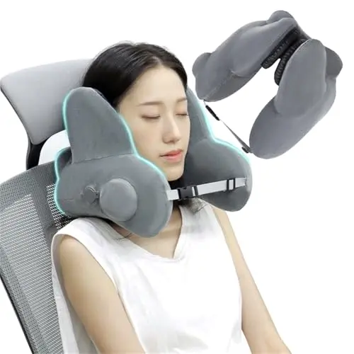 Generic travel neck pillow with noise-reducing earmuffs in grey color
