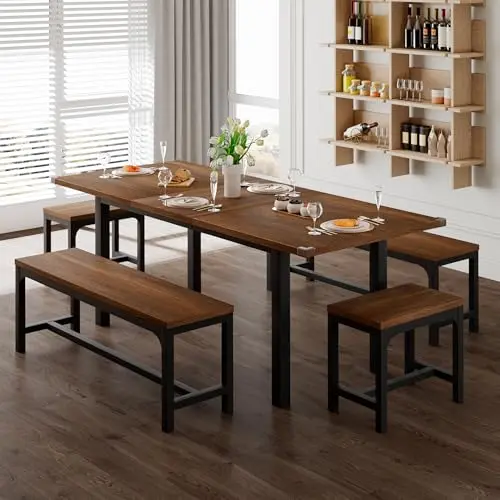 Feonase extendable dining table set with benches and stools