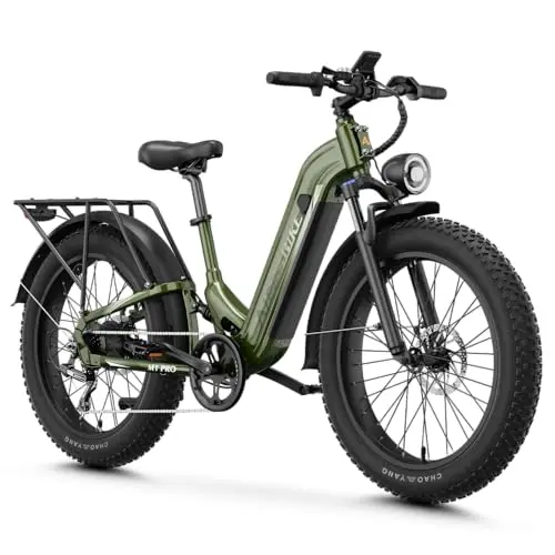 Aipas M1 Pro electric bike in green with step-thru frame and fat tires