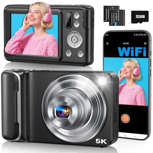 Lecran digital camera with touchscreen and dual-lens design