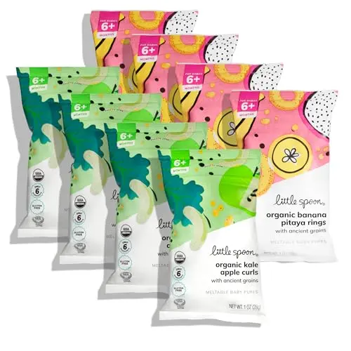 Little Spoon organic baby puffs in kale apple and banana pitaya flavors